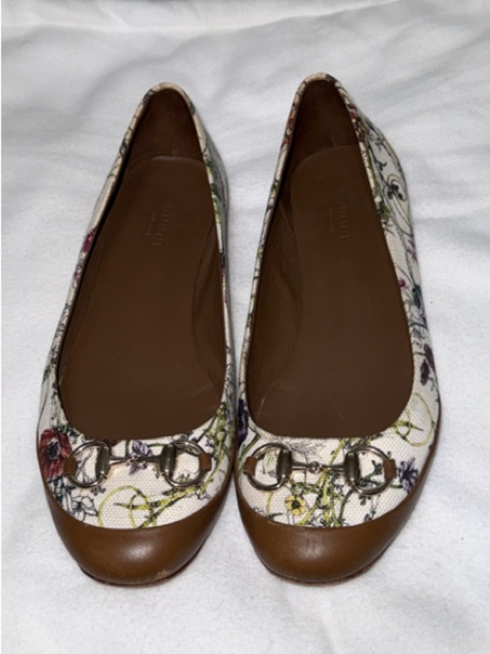 Gucci Brown Leather & Cream Floral Canvas Horsebit Ballet Flats - Picture 2 of 8
